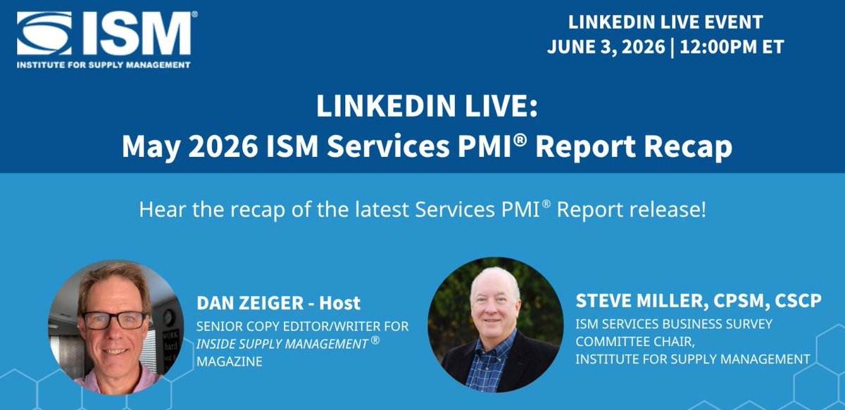 ZeigerDan's tweet photo. Get #ISMPMI insights straight from the source in the @ISM® PMI® Reports LinkedIn Live broadcast today at noon ET/9 a.m. PT. The Chair of ISM’s Services Business Survey Committee, Steve Miller, joins me to discuss the May data and takeaways. https://t.co/MILRPnhDNK #economy https://t.co/b0CJvUWAQj