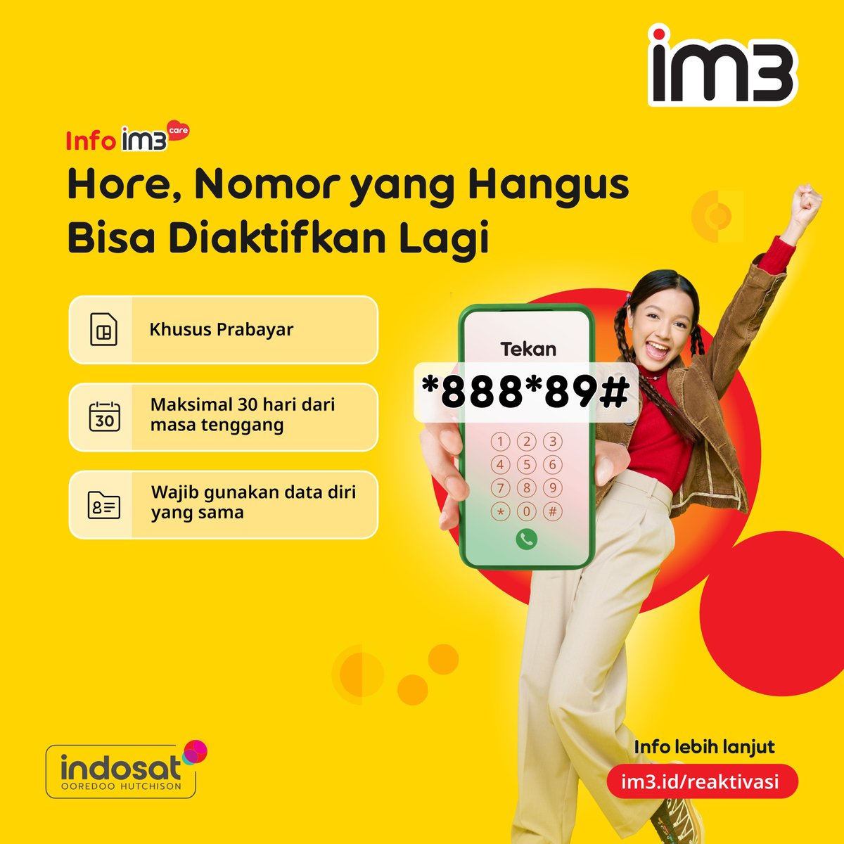 CareIM3's tweet photo. Tenang, nomor IM3 #SahabatBaikku yang hangus belum tentu selamanya hilang 😎

Masih ada kesempatan buat aktif lagi loh~

Yuk lihat cara lengkapnya di sini 💛 https://t.co/T8mGTS06am