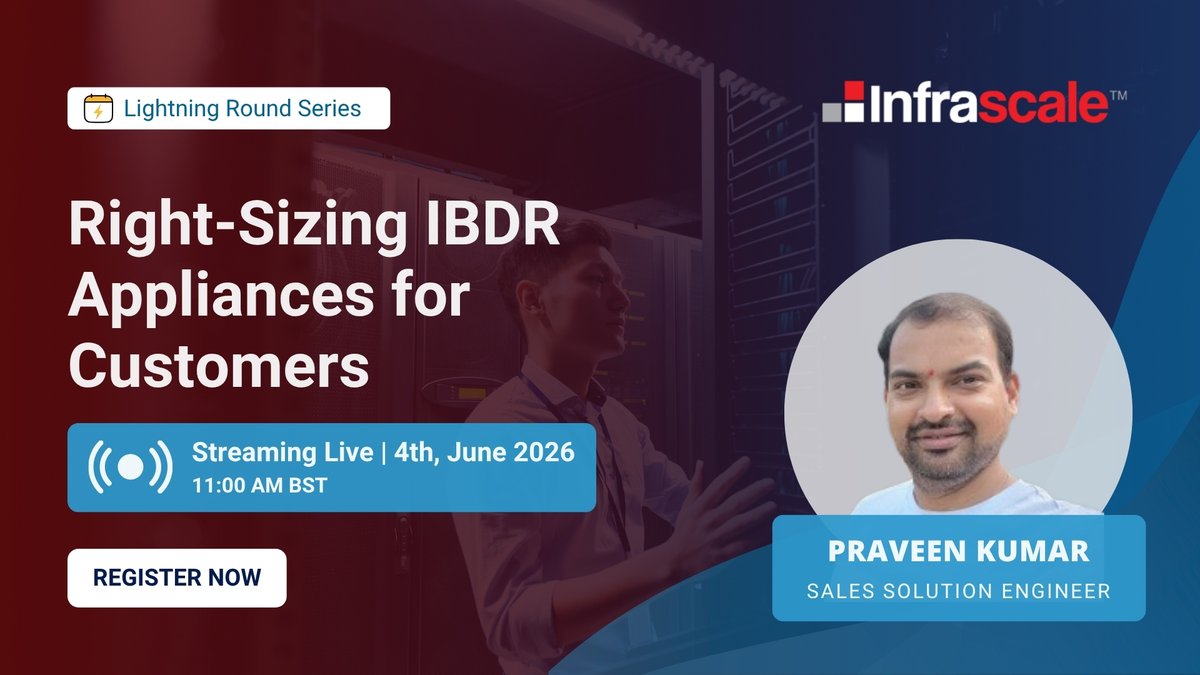 Infrascale's tweet photo. Right-Sizing IBDR Appliances for Customers

Too small creates risk. Too large increases cost.

Join this 15-minute webinar to learn:
• Capacity planning
• Growth forecasting
• Avoiding DR sizing mistakes

📅 June 04, 2026 | 11:00 AM BST

Register: https://t.co/8qwD6WRDTk

#msp https://t.co/Odk9T6e5VW