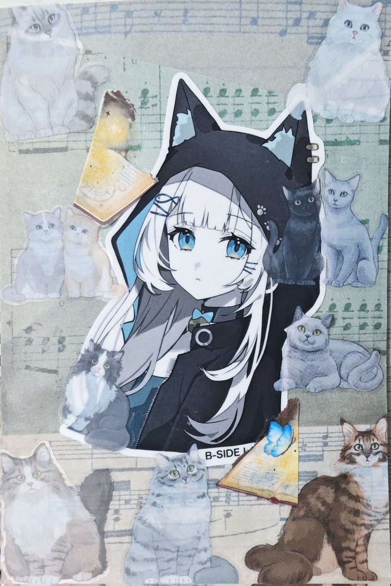 sui_smallworld's tweet photo. 猫たちのささやきが、
楽譜の隙間から聞こえてくる夜。

青い瞳のこの子を囲むように、
たくさんの猫たちを散りばめました🐈‍⬛🌙

#コラージュ #collageart #BSIDELABEL #すいの水曜日 https://t.co/CdJ6CtZJqY