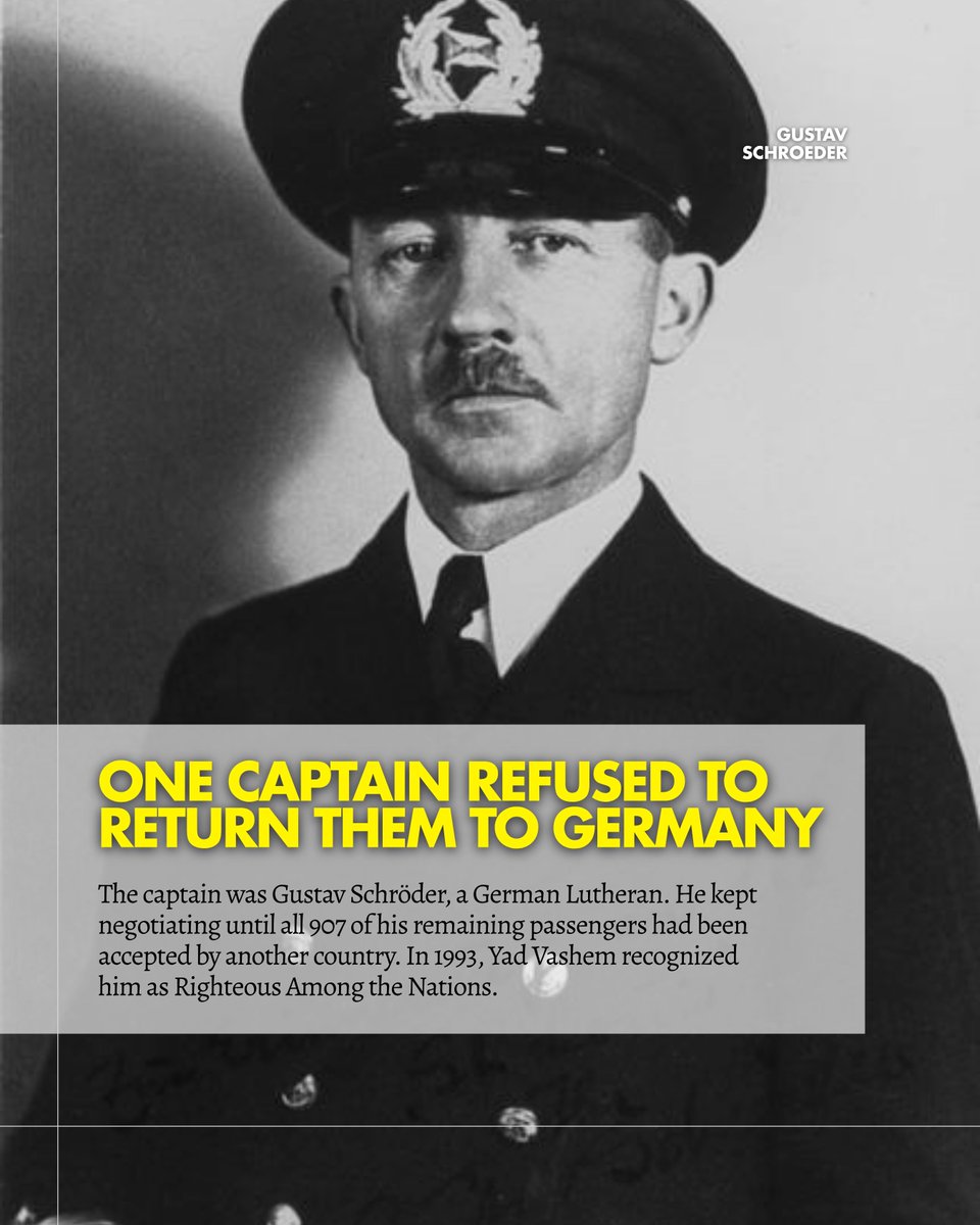 YVUSAFoundation's tweet photo. 87 years ago this week, the MS St. Louis was denied refuge with 937 mostly Jewish refugees aboard.

They had escaped Nazi Germany. Cuba, the U.S., and Canada refused them.

Captain Gustav Schröder refused to return them to Germany. Later, Yad Vashem recognized him as Righteous Among the Nations.

254 passengers were later murdered in the Holocaust.

This is why we name them.