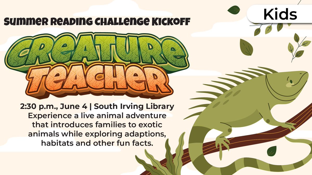 irvinglibrary's tweet photo. Fan favorite Creature Teacher is BACK for the third and final kickoff event, happening at 2:30pm on Thursday, June 4 at South Irving Library. Come meet the critters and learn about habits, habitats and more! 

#irvinglibrary #southirvinglibrary #iplsummerreadingchallenge https://t.co/hRxlXOgMrU