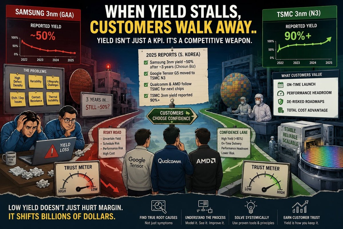 ShurikAg's tweet photo. Inside the fab, a yield problem looks like engineering.  
On the customer roadmap, it becomes a board-level risk.

@Samsung’s 3 nm gate-all-around process reportedly stayed near 50% yield after about three years of production, while TSMC’s 3 nm was reported above 90%.

That gap does more than change cost per good die.

It changes trust.

Google reportedly moved Tensor G5 to TSMC. Qualcomm and AMD also favored TSMC for advanced nodes. At that level, customers are buying confidence as much as silicon:

* Will we get enough top-bin parts?
* Can we launch on schedule?
* Can we avoid thermal surprises?
* Can we protect our own customer promises?

Yield is often treated as a manufacturing KPI. At advanced nodes, it acts like a competitive weapon.

A weak yield number does not just reduce margin. It quietly trains customers to build their future around someone else’s process.

Then recovery is not only about yield. The fab must restore stability and belief.

That is why yield excursions need more than dashboards and ad-hoc task forces. Teams require structured causal investigation, disciplined process understanding, and learning that survives beyond the emergency.

In foundry, “almost ready” can still be several billion dollars away from “trusted.”