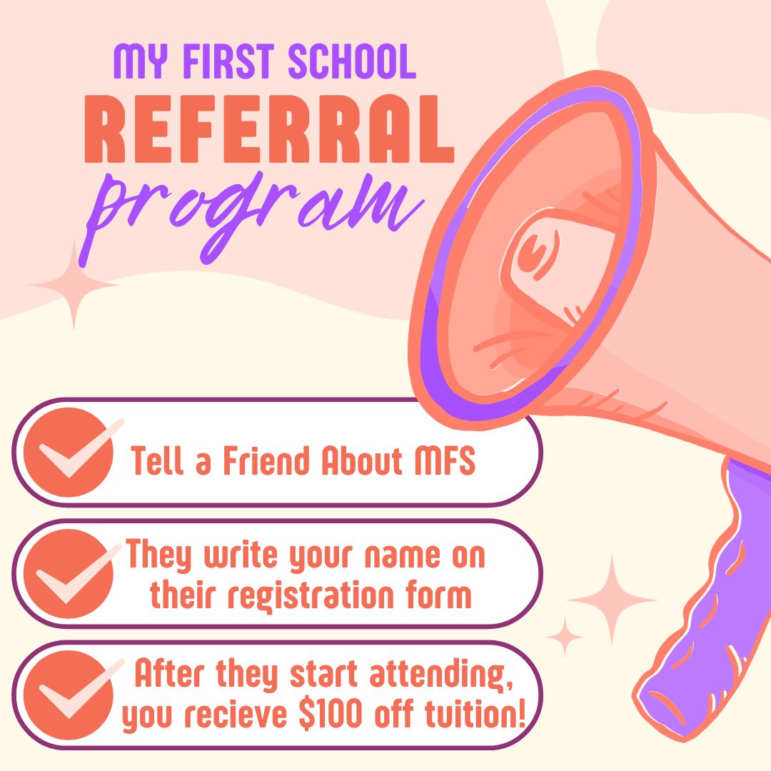 MyFirstSchoolOH's tweet photo. Spread the word about MFS! Please tell your friends about My First School. When they enroll, make sure they list your name as a referral on the registration form. After they attend for a month, you’ll receive a $100 coupon off tuition. https://t.co/py27X1Of6T