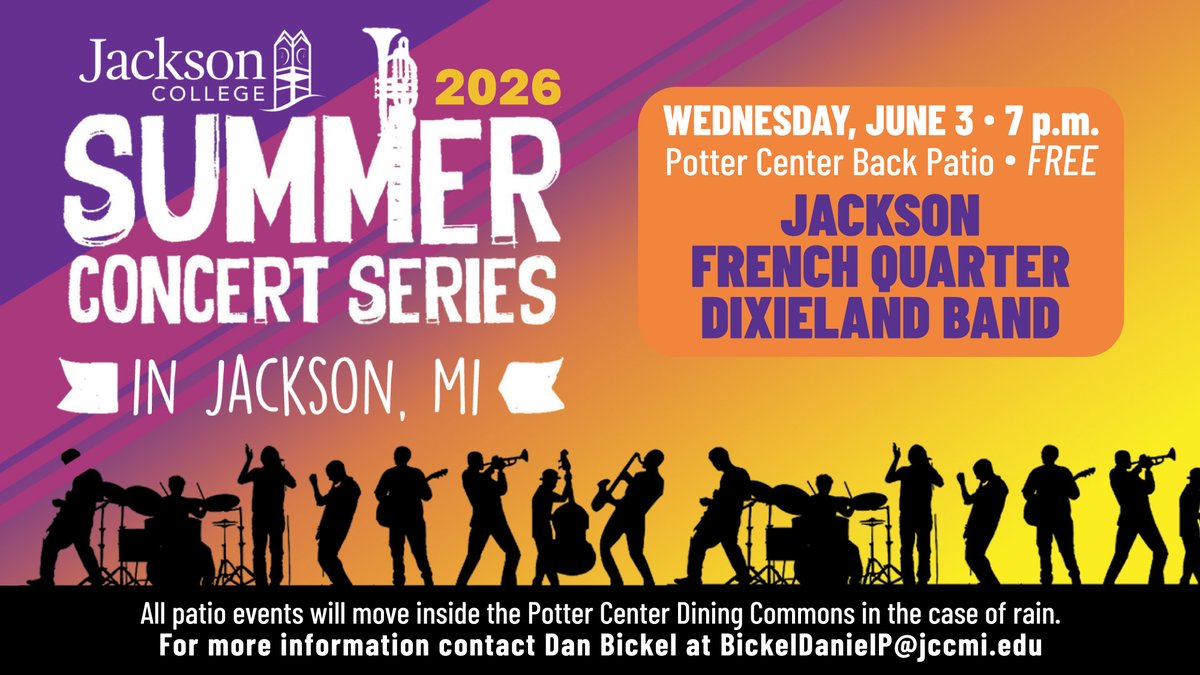 JacksonCollege's tweet photo. The Jackson French Quarter Traditional Jazz Band performs tonight, (June 3) at 7 p.m. on the back patio with lively jazz favorites like “When the Saints Go Marching In.” Grab a seat, enjoy the music, and soak up the summer vibes! 🎶 https://t.co/Y4rvnOcelh