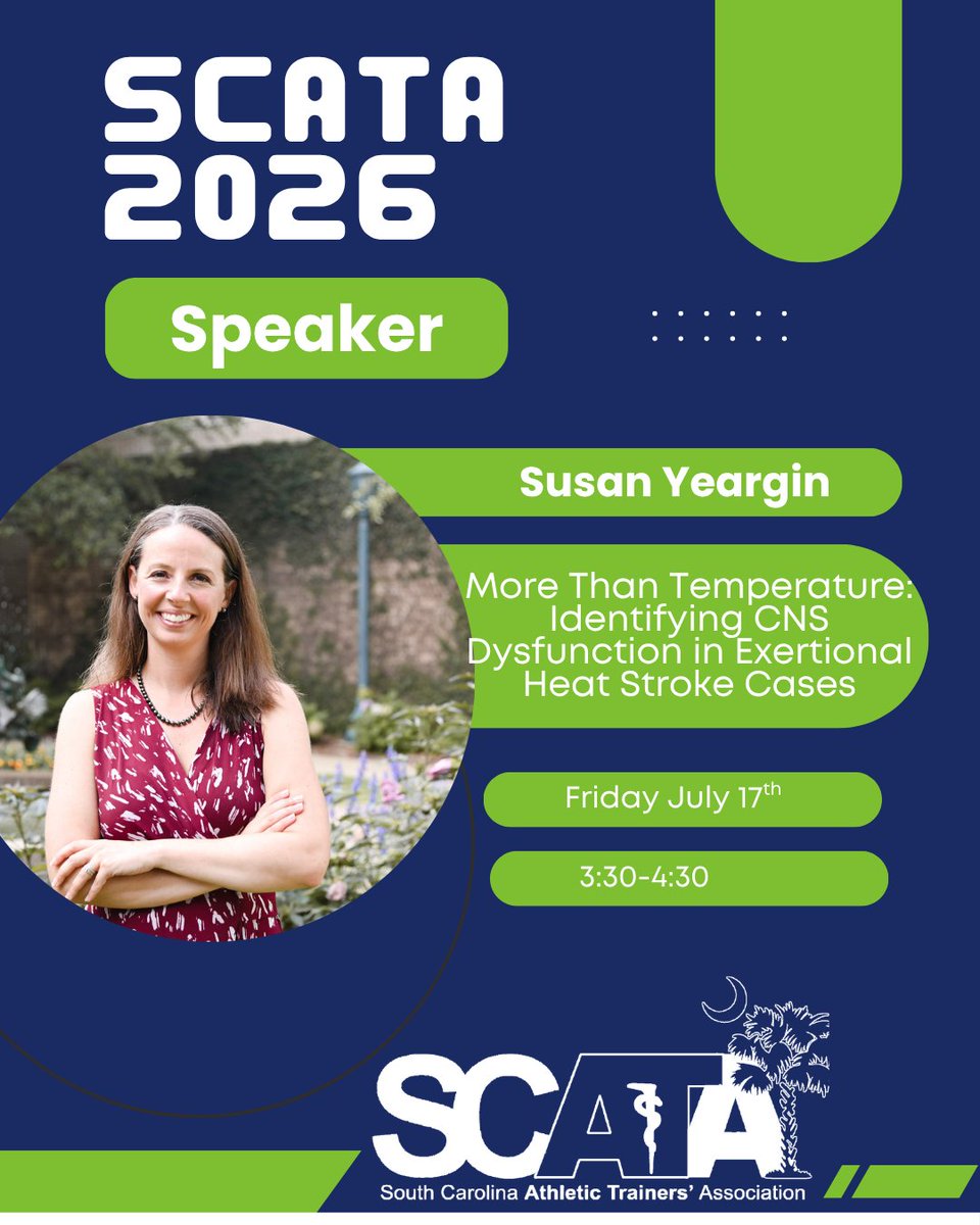 SCATCs's tweet photo. As we get ready for #SCATA26 we wanted to highlight our speakers. Dr. Susan Yeargin will be presenting our second LLR Session; More Than Temperature: Identifying CNS Dysfunction in Exertional Heat Stroke Cases. Registration is now open! https://t.co/izpmfsooet