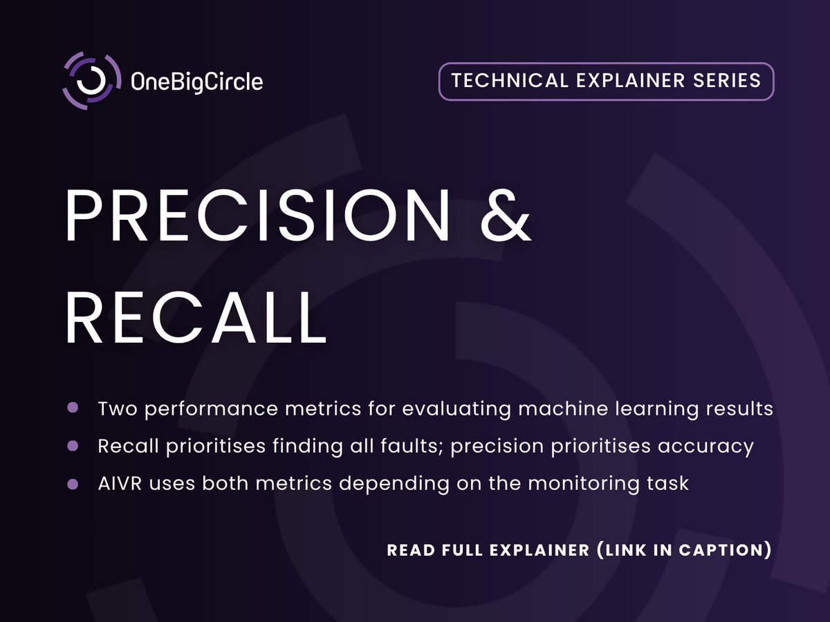 1bigcircle's tweet photo. When evaluating machine learning results, how do you choose between finding all the faults or being absolutely certain about the ones you find?

Many different metrics can be used for this, among the most useful are 'Precision and Recall' 🎯

🔗 https://t.co/T5m4h6GQlf https://t.co/x8G8ayye5c
