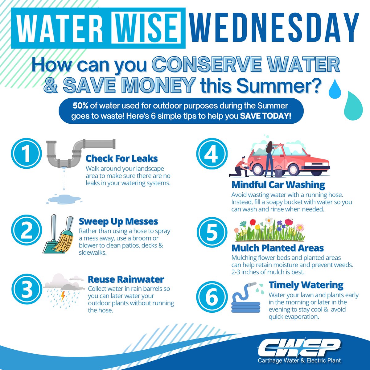 cwep_carthagemo's tweet photo. βοΈ Summer heat is here, & every drop counts!π§Help conserve water by reducing outdoor use & using it wisely when you need it most. Check out these simple water-saving tips & make a difference this summer!π
#WaterWiseWednesday #CommunityPowered #WaterConservation #417Land https://t.co/5OoYBBNtPX