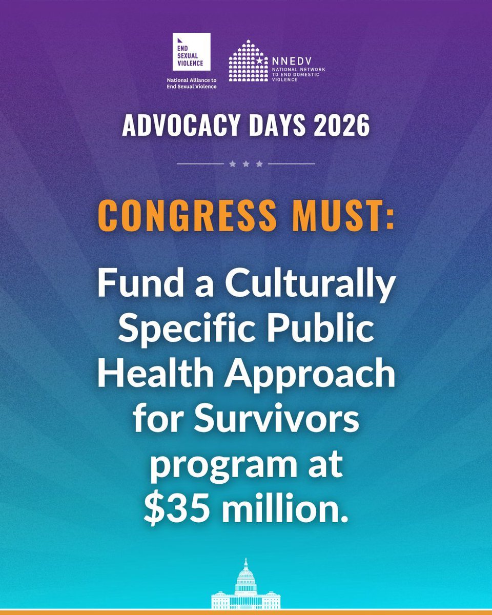 nnedv's tweet photo. Culturally specific programs provide affirming, lifesaving services to sexual assault and domestic violence survivors. 

We ask Congress to fund a Culturally Specific Public Health Approach for Survivors program to meet their urgent needs. 

#AdvocacyDays https://t.co/LRIPtUBXuo