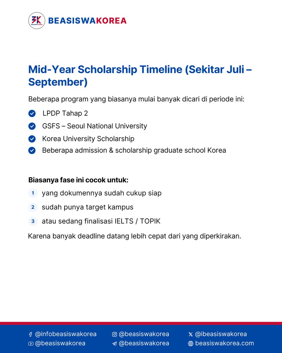 ibeasiswakorea's tweet photo. Banyak orang baru serius cari info beasiswa Korea saat deadline sudah dekat.

Padahal persiapan GKS, LPDP, KOICA, sampai admission kampus Korea biasanya butuh waktu berbulan-bulan. https://t.co/BSrXumESN4