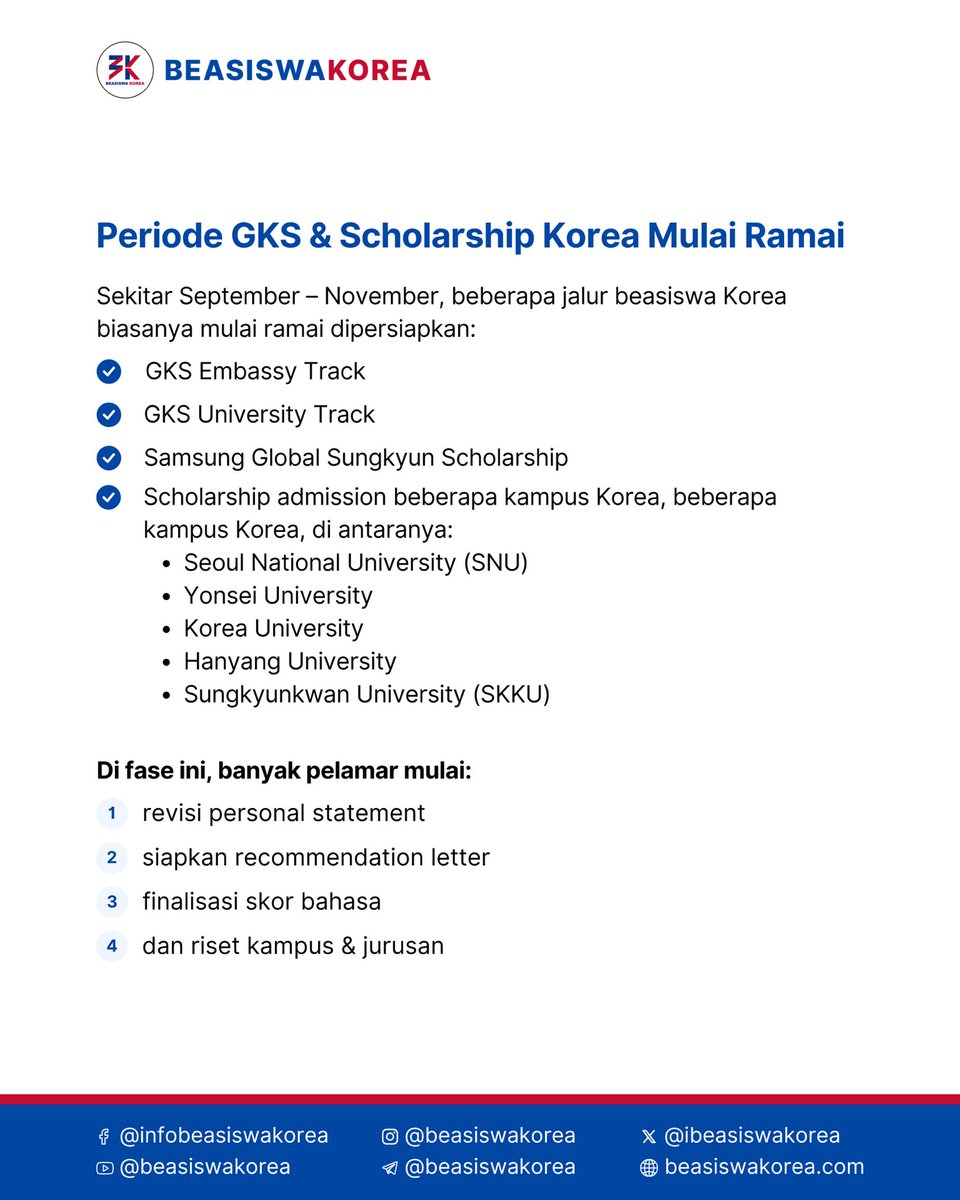 ibeasiswakorea's tweet photo. Banyak orang baru serius cari info beasiswa Korea saat deadline sudah dekat.

Padahal persiapan GKS, LPDP, KOICA, sampai admission kampus Korea biasanya butuh waktu berbulan-bulan. https://t.co/BSrXumESN4