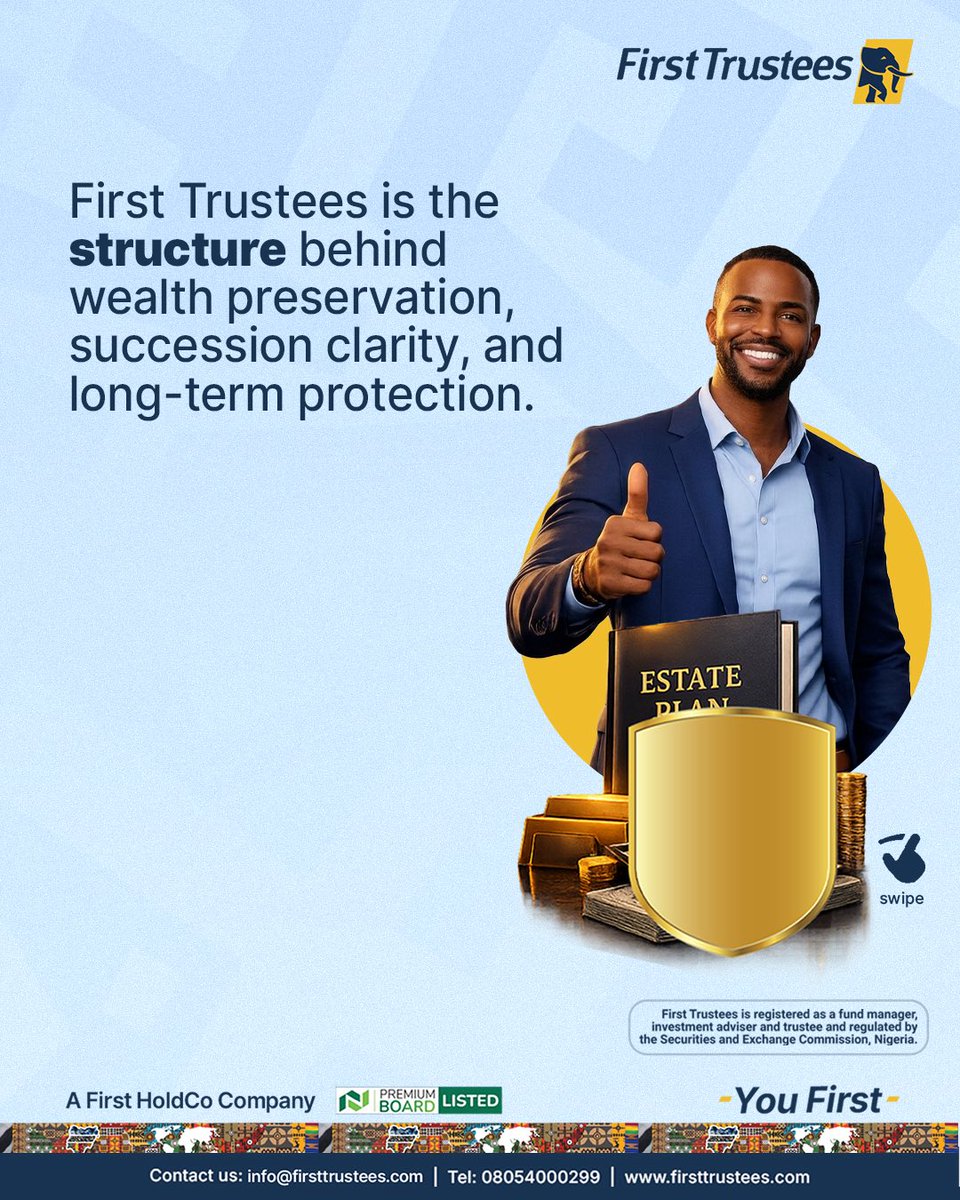 FirstTrustees's tweet photo. Are you ready to put a structure behind your legacy?

We specialise in ensuring your intentions are safeguarded and your assets are protected.

Send an email to info@firsttrustees.com to get started.

First Trustees is registered as a fund manager, investment advisor and trustees and regulated by the Securities and Exchange Commission, Nigeria.

#FirstTrustees #Legacybuilding