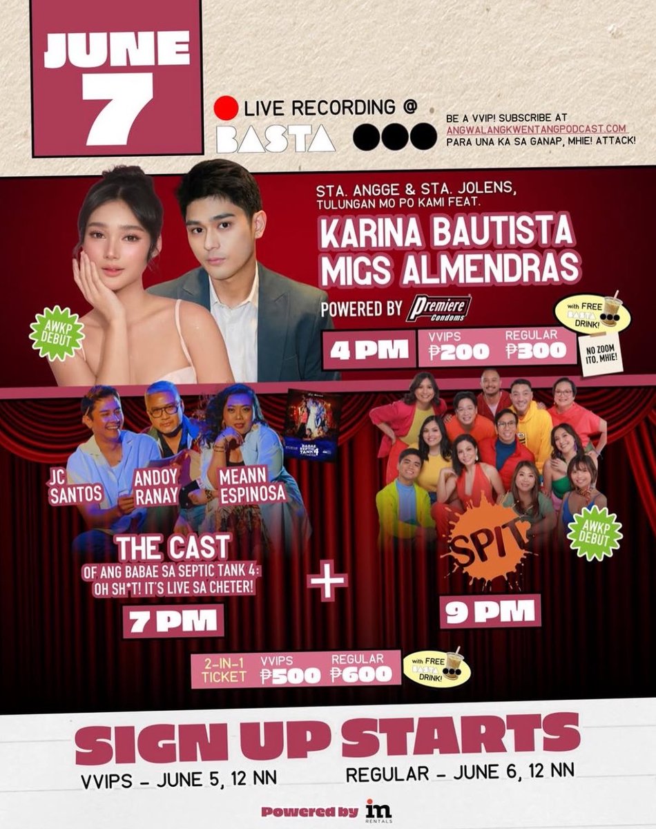 awkpage's tweet photo. MGA MHIEEE, JAMPACK ANG JUNE 7 RECORDINGS!!!

🗓️JUNE 7 - SUNDAY

4:00 PM - Karina Bautista and Migs Almendras! Powered by Premiere Condom

7:00 PM - JC Santos, Andoy Ranay, and Meann Espinosa of Ang Babae Sa Septic Tank 4

9:00 PM - AWKP Debut of SPIT Manila

#AWKPage https://t.co/yfaD1N4rB4