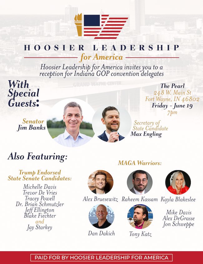 JayStarkeySen6's tweet photo. I’m honored to be joining both @Jim_Banks and @MaxForIndiana at the Hoosier Leadership Summit on June 19.

Let’s make Indiana safer, stronger, and more prosperous than ever before! 📈 https://t.co/NG5XqN2HmV