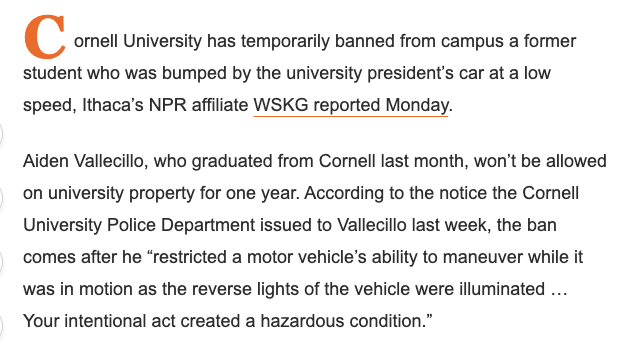 EricLeeAtty's tweet photo. Per NPR, Cornell President Michael Kotlikoff (who orchestrated suspension/attempted deportation of @MomodouTaal) reportedly hit a pro-Palestinian student with a car, then Cornell banned the student from campus for "restrict[ing]" the car's "ability to maneuver." https://t.co/aMXk7rIaPo
