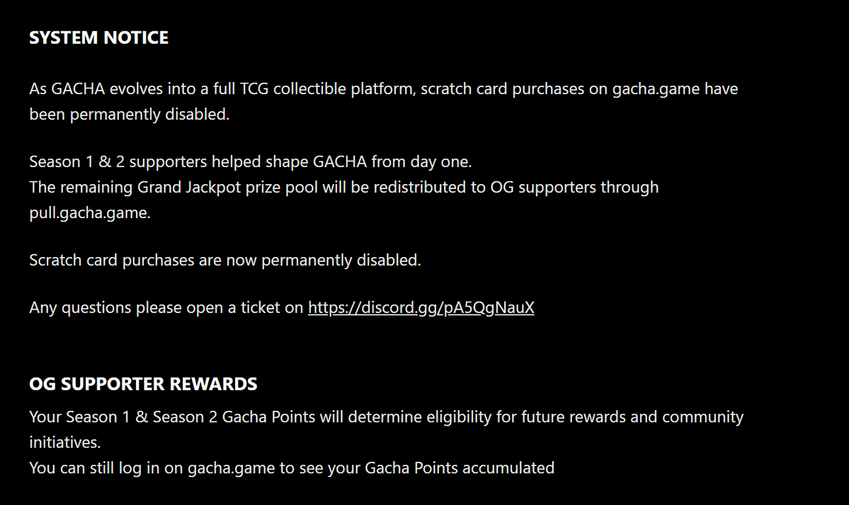 GMB_XBT's tweet photo. Important Update from @gacha_game_:

"The remaining Grand Jackpot will be redistributed to OG supporters through pull gacha game."

The Jackpot currently sits at $78k and nobody has won it yet.

Looks like your Gacha Points & Volume will matter. 

Make sure you're signed up to gacha pull to get rewards when they come.