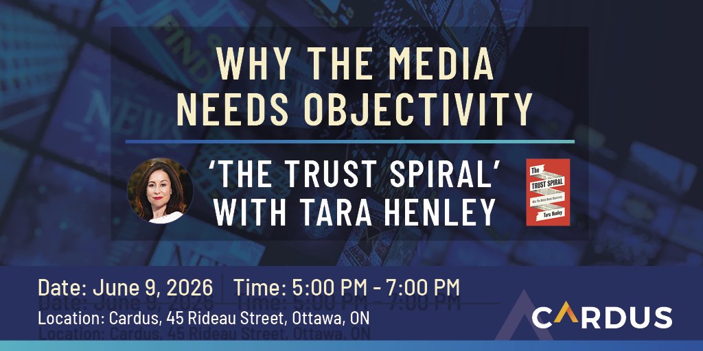 cardusca's tweet photo. @TaraRHenley saw the crisis in Canadian journalism from the inside, and she's written the most clear-eyed diagnosis of it yet. Her new book The Trust Spiral traces how the media's abandonment of objectivity set off a downward cycle of eroding public trust, and what it will take to reverse it. Join us June 9 in Ottawa for a conversation with Tara, moderated by @nationalpost Parliamentary Bureau Chief @stuartxthomson, with audience Q&A to follow. Register here ➡️ https://t.co/2rGdG9BVUI