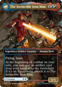 ConManAU's tweet photo. > new MTG Marvel card
> The Invincible Iron Man
> look inside
> vincible https://t.co/5k4YRpoirb