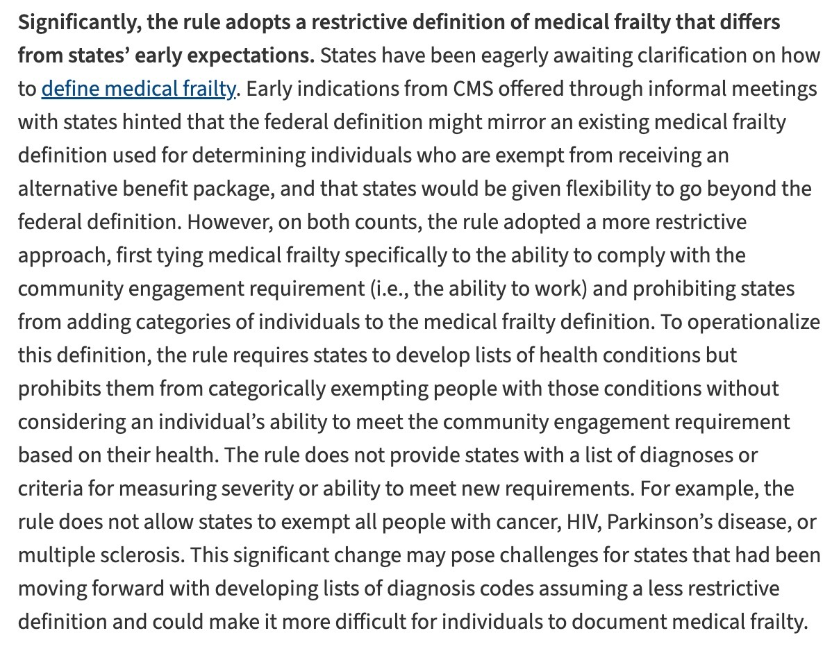 NJ_Reentry's tweet photo. “Significantly, the rule adopts a restrictive definition of medical frailty…the rule adopted a more restrictive approach, first tying medical frailty specifically to the ability to comply with the community engagement requirement (i.e., the ability to work) and prohibiting states from adding categories of individuals to the medical frailty definition.” - Tolbert, Jennifer. “CMS Requires More Restrictive Definition of Medical Frailty in New Medicaid Work Requirements Rule.” @KFF,  2 June 2026.