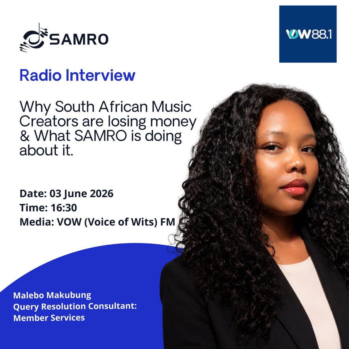 SAMROMusic's tweet photo. #RADIOINTERVIEW

Tune in to @vow_881 today at 16:30 to hear SAMRO’s Query Resolution Consultant, Malebo Makubeng, discuss The State of Your Music: Service Weeks at SAMRO.

This focused member engagement initiative is designed to assist music creators, publishers, and members with royalty administration matters, record updates, contractual understanding, and ensuring they receive the recognition and compensation due for their creative works.

Running until 05 June 2026 at SAMRO House in Braamfontein, the programme offers educational sessions, personalised support, and one-on-one consultations covering work notifications, split sheets, banking detail updates, registrations, and more.

Don’t miss the conversation and find out how SAMRO is helping members take charge of their music business.

#serviceweek #vowfm #royalties #musicbusiness