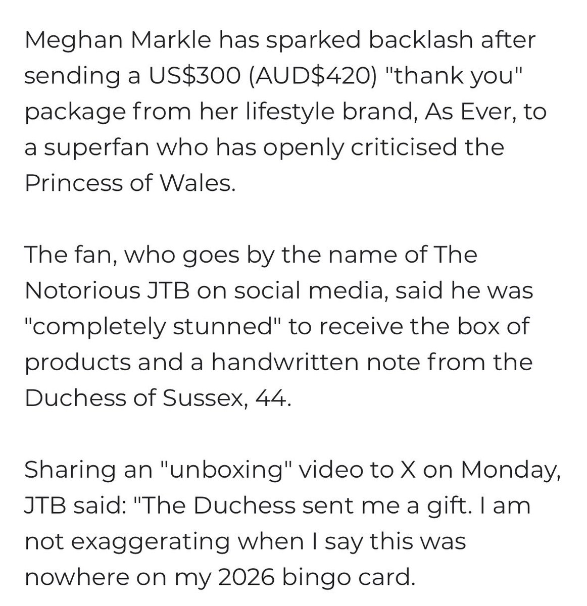 Jane9873's tweet photo. Did not Meghan Markle just speak about online trolling? Now she sends a gift to The Notorious for his hatred on line aimed at Catherine &amp; other members of the Royal Family???  Not sure why I am bothering noticing, but when will she disappear to her private life ? https://t.co/sx4M0rhL4h