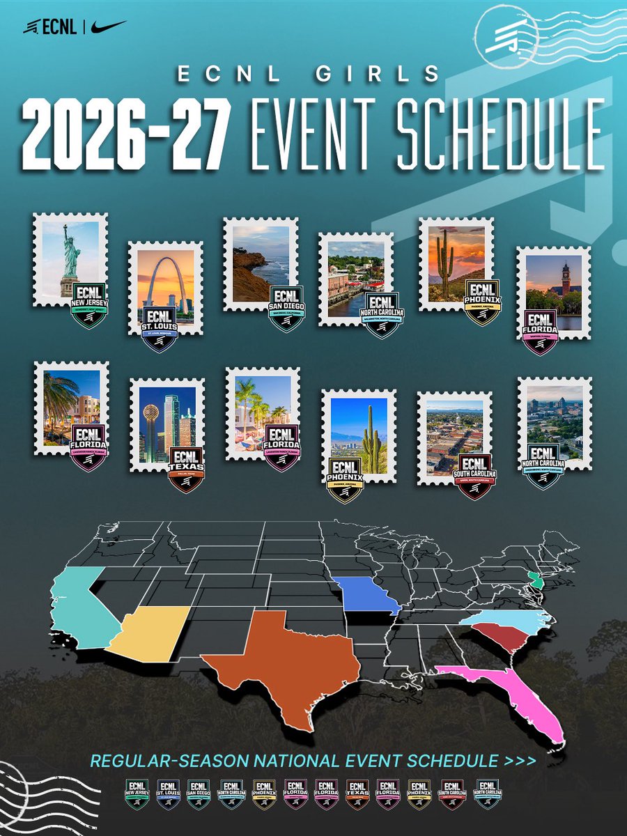 TheECNL's tweet photo. 🗓️ Mark your calendars! The official 2026-27 @ECNLgirls Regular-Season National Event schedule is here! Which event are you most excited for?

#ECNL https://t.co/nZG5lFl5U7