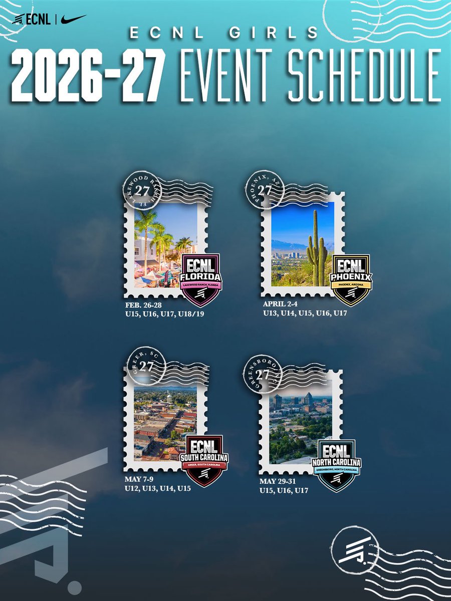 TheECNL's tweet photo. 🗓️ Mark your calendars! The official 2026-27 @ECNLgirls Regular-Season National Event schedule is here! Which event are you most excited for?

#ECNL https://t.co/nZG5lFl5U7