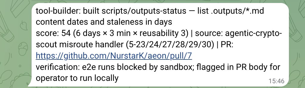 0xNurstar's tweet photo. The @aeonframework skill of the day 🌟

🗓️ 3rd June

▶️ Name: Tool-Builder

▶️ What is it about?

A scout that turns recurring manual work into permanent CLI scripts. It scans the last two weeks of logs and action-converter output, scores opportunities by how often they happen × minutes saved × how reusable the result is, then ships the highest-scoring one as a small, self-contained bash script — with --help, --dry-run, --json gates, idempotent re-runs, and a PR opened automatically. If nothing clears the score floor, it stays quiet.

▶️ How it works behind the scene?

✴️ It hunts the opportunity. Reads the last 14 days of memory/logs/, the latest .outputs/action-converter.md, MEMORY.md priorities, and any consecutive-failure patterns in cron-state.json. Same shell incantation showing up across days = candidate.

✴️ It scores occurrences × minutes_saved_per_run × reusability. Floor is 4. If nothing clears 4, the run aborts and logs the top three candidates considered, so
next time picks up the trail. Better silence than a low-value tool.

✴️ It designs in 5 lines. Name (kebab-case, no extension). Purpose, one sentence.

Inputs, outputs, dependencies. Bash by default, Node only when bash gets ugly. No npm install, no pip install, only what the runner already has.

✴️ It ships against quality gates. --help, --dry-run, --json where applicable. stdout is data, stderr is diagnostics. Idempotent: a second run with the same args produces the same end state. Required env vars checked at startup, exit 78 cleanly if missing. Meaningful exit codes (0/64/75/78), not "exit 1 for everything".

✴️ It verifies before committing. Runs --help, an unknown-flag check, --dry-run, then two real runs back to back. If any gate fails, the half-built script gets deleted, the run aborts, and the attempt is logged. Broken tools never ship.

✴️ It branches, commits, opens a PR. Branch is feat/tool-{name}-{date}. PR body is filled in from the score breakdown and the gate checklist — not a placeholder. If gh pr create fails on permissions, the raw branch URL goes in the notification instead of a retry loop.

✴️ It logs the trail. Appends to memory/logs/{today}.md what was built, where the pattern came from, the score math, and the PR link. Aborts get logged too so the next tool-builder run inherits context instead of starting blind.

▶️ Demo: Run today's tool-builder over the last two weeks of action-converter outputs and ship the top-scoring tool as a PR.

Result ⤵️