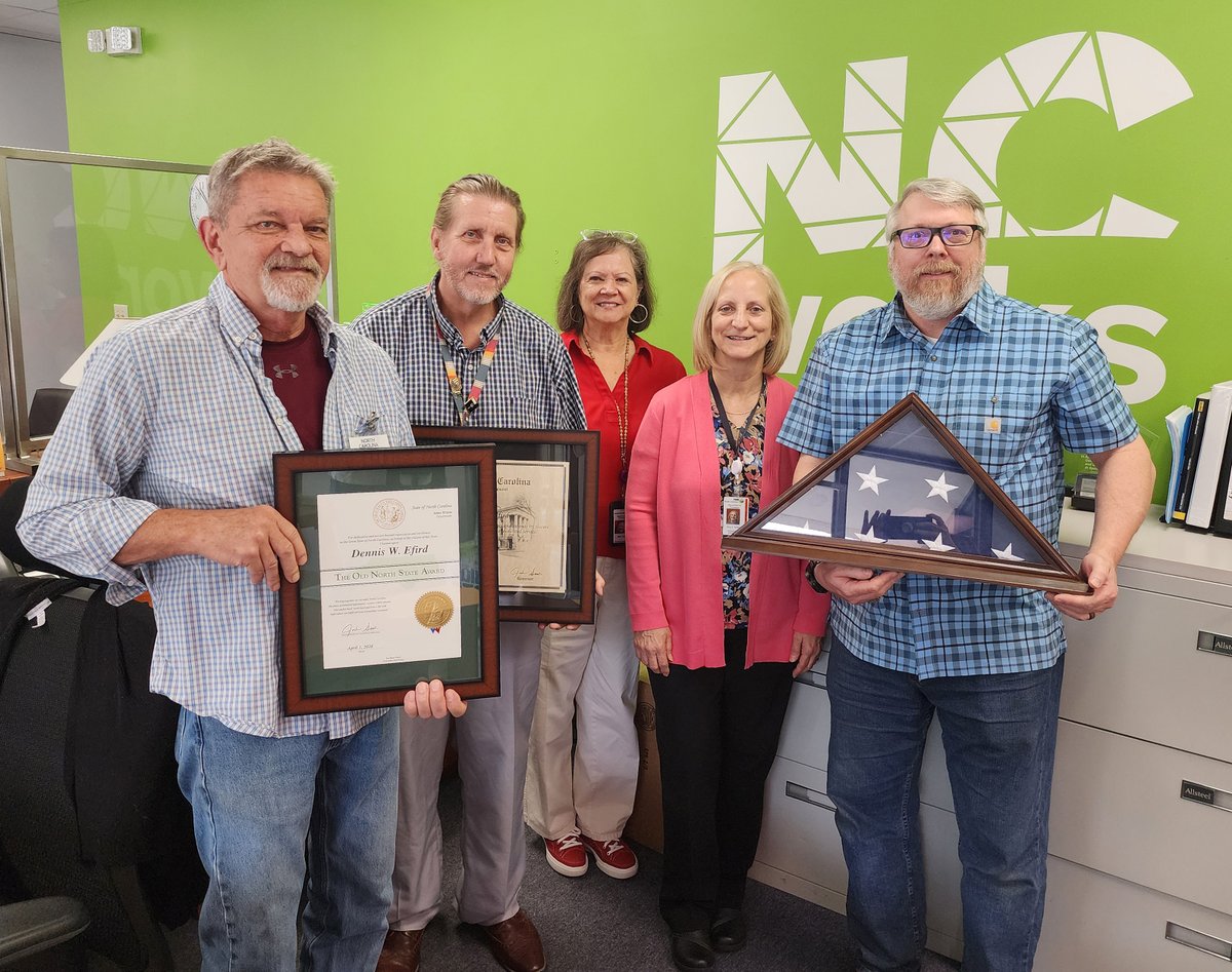 ncworkforce's tweet photo. Dennis Efird (left) recently received the Old North State Award from @NC_Governor Josh Stein, during a celebration of Efird's retirement as an integral member of the DWS I.T. team. Efird served in state gov't for 22+ years &amp; has been with our division since its creation! (1/2) https://t.co/dtRQQ9twxd