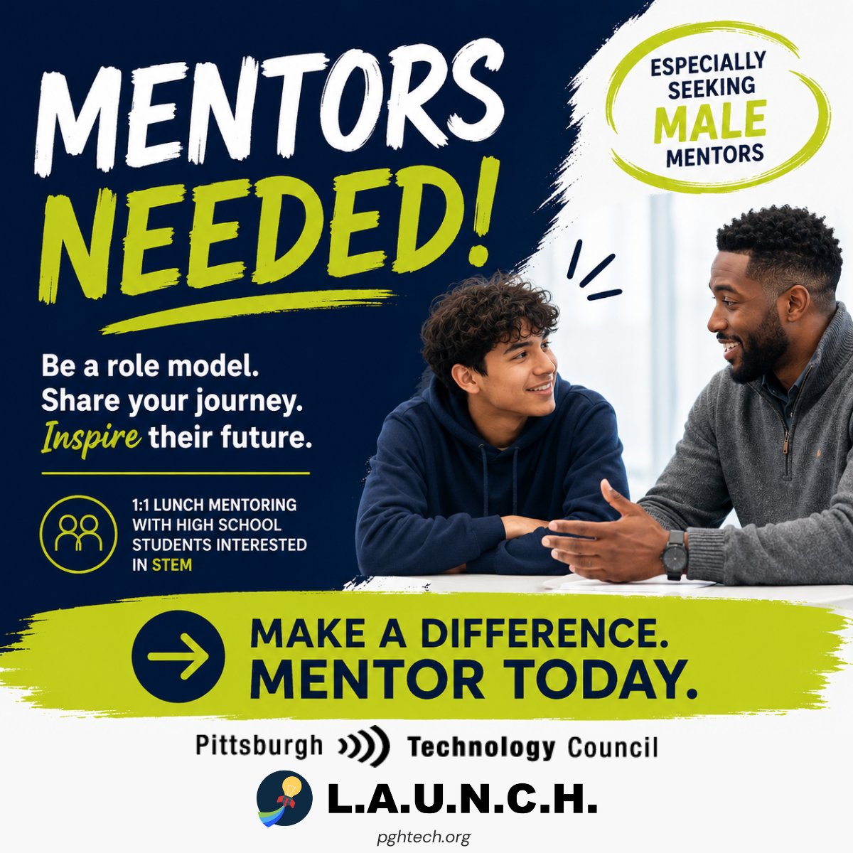 pghtech's tweet photo. Not all heroes wear capes. Some just show up for lunch! L.A.U.N.C.H. is now co-ed for HS students exploring careers in STEM, and we're looking for male mentors to make a difference as positive role models for students. Apply here: https://t.co/9PP682mEim https://t.co/eigRmeAXca