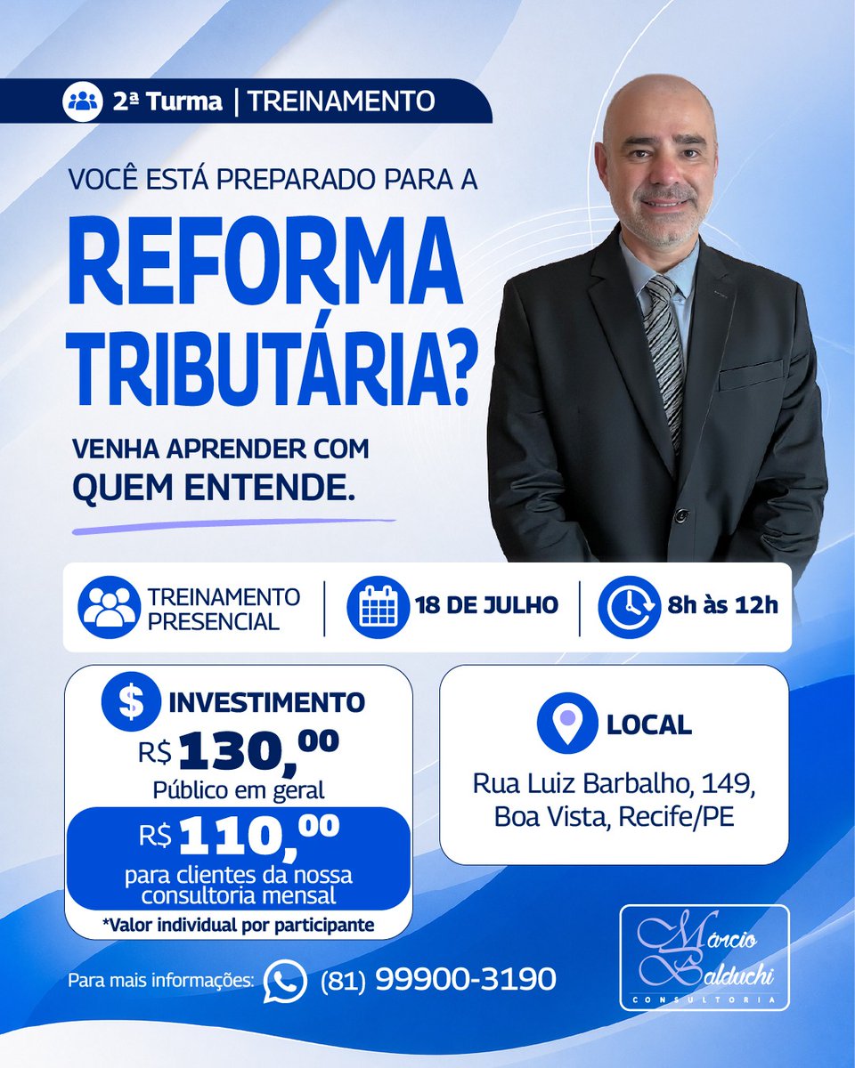 MBalduchi's tweet photo. 🔥 As vagas da 1ª Turma se esgotaram rapidamente. Por isso, abrimos a 2ª Turma para quem ficou de fora!

Garanta sua vaga antes que encerre. 

O link de inscrição está abaixo. 👇
https://t.co/x1eXufiRtx

Contato para mais informações:
📲 (81) 99900-3190

#reformatributaria https://t.co/tQRlfdHwWY