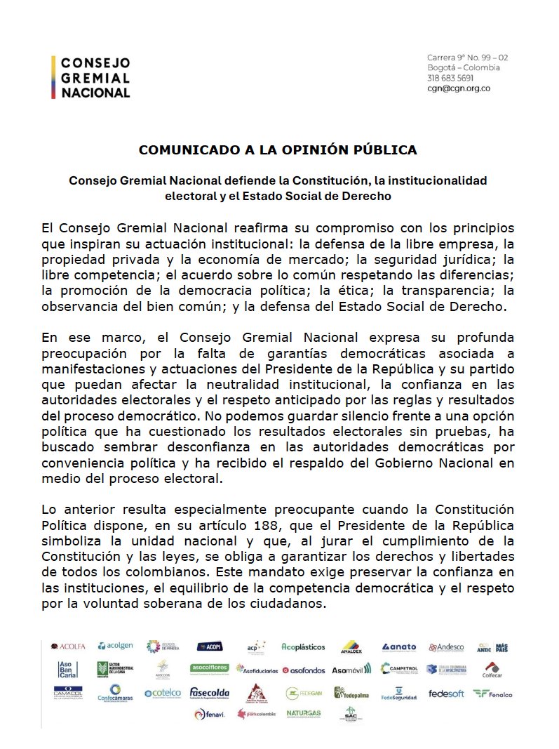 ELTIEMPO's tweet photo. El Consejo Gremial Nacional expresó, a través de un comunicado público, que no promoverá espacios de interlocución institucional con quienes desconozcan los resultados electorales o insistan en cuestionar la legitimidad del sistema electoral en Colombia. 

"El desconocimiento anticipado de las reglas del proceso electoral, de las autoridades competentes o de los resultados que estas proclamen, es incompatible con los principios democráticos que el
Consejo Gremial Nacional defiende"

Aquí el comunicado completo ⬇️

#RespaldoALasInstituciones