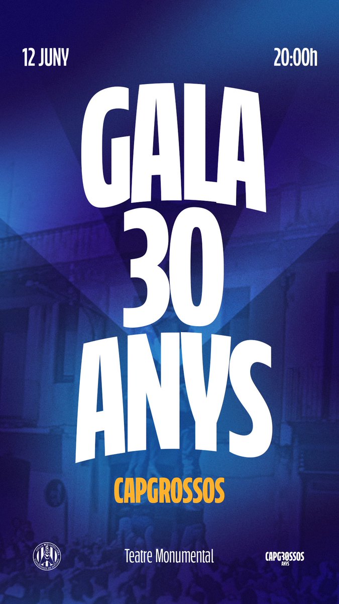 capgrossos's tweet photo. GALA I SOPAR DELS 30 ANYS 😏💙

👉🏻 A les 20.00h, gala al Teatre Monumental! 
👉🏻 A les 21.30h, sopar de gala al Pati del Cafè Nou amb actuació d’Els Pipes!

Entrades per a la gala: https://t.co/hgcwggKVtF

Aquesta també és la teva història!😉

#castells #capgrossos #mataro https://t.co/uAGf3rCnrE