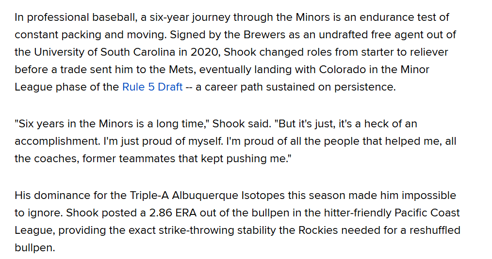 CMehring's tweet photo. TJ Shook became the 174th former @TimberRattlers player to make to "The Show" when he pitched a scoreless inning for the  @Rockies last night!  #TRatNation   https://t.co/P3BaSNIbkq https://t.co/tMePBsZbod