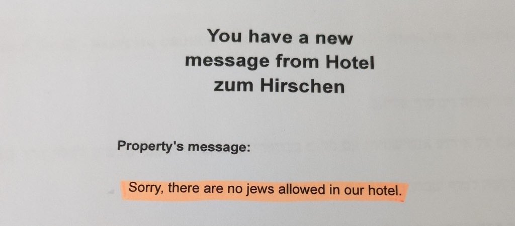 eurojewcong's tweet photo. We are deeply disturbed by the case of an Israeli traveller who was denied accommodation at a hotel in Bavaria after receiving a message stating that Jews were not welcome.

While the case is now under investigation by German authorities, the reported response is shocking and evokes some of the darkest chapters of European history.

@Bookingcom has since removed the hotel from its platform, and prosecutors are examining the incident.

This case comes amid a broader surge in antisemitism in Germany, where more than 6,200 antisemitic offenses were recorded in 2024, including 173 violent crimes.

No one should be denied a hotel room, a service, or access to public life because they are Jewish. We trust the authorities will investigate this case thoroughly and hold those responsible accountable.