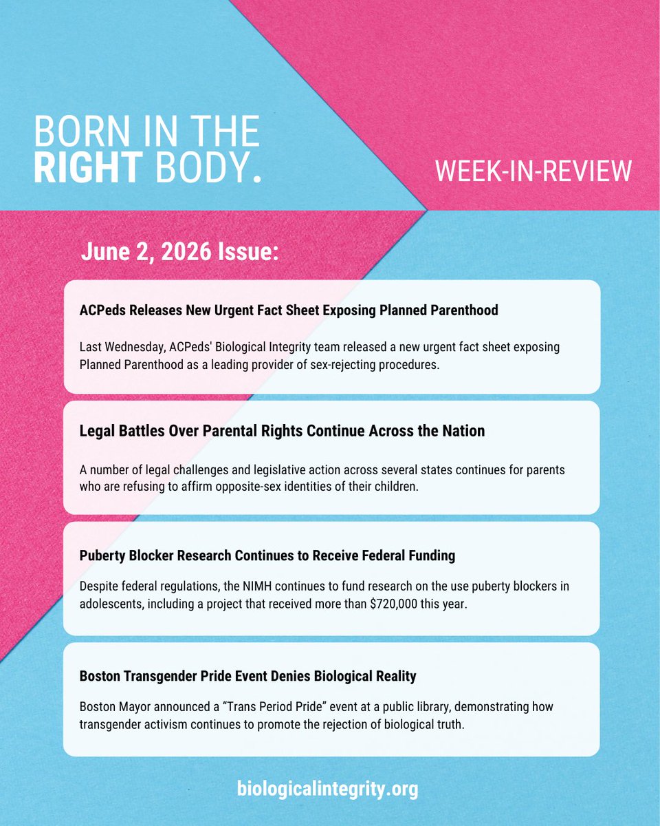 ACPeds's tweet photo. Don't miss the latest developments in the ongoing battle against gender ideology. Subscribe to the Biological Integrity newsletter for timely news, research, and analysis.
https://t.co/dplaOBeWxf https://t.co/7CBbUYNfhg
