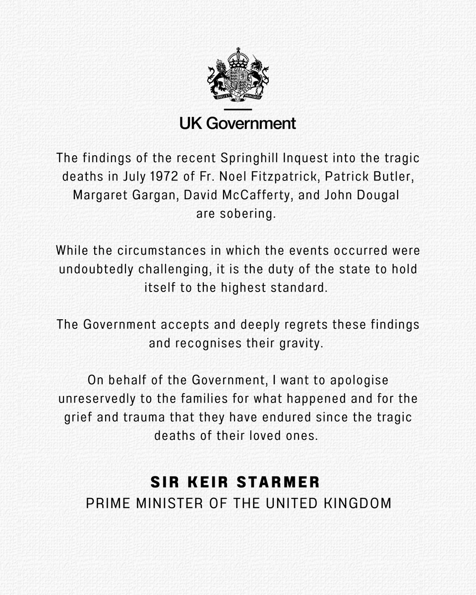 NIOgov's tweet photo. Prime Minister @Keir_Starmer has issued an apology on behalf of the UK government following the findings of the Springhill Inquest. https://t.co/v1HNUth46R