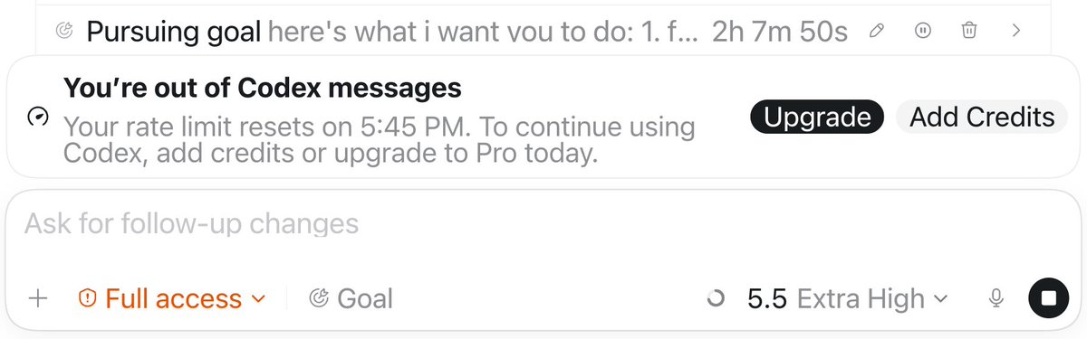 scottstts's tweet photo. OpenAI makes /goal run uninterrupted even if you’re out of usage, it’s the only place where the old token utopia still partially exists

Generosity and thoughtfulness to users are rare these days https://t.co/PINsI2rPbi