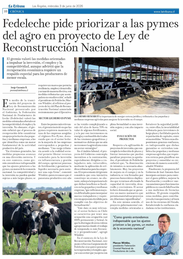 SNA_Chile's tweet photo. Marcos Winkler, presidente de @FedelecheFG, valoró las medidas del proyecto de Ley de Reconstrucción Nacional para impulsar la inversión y el empleo, destacando la importancia de fortalecer a las pymes y entregar mayor certeza para el desarrollo del sector productivo. https://t.co/ida0CSiWss