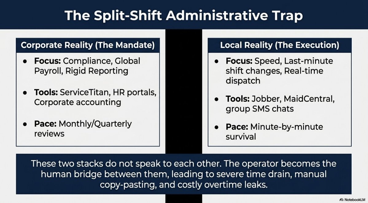 YOUnifiedAI's tweet photo. Your franchise stack is broken. Corporate portals handle compliance, but local field apps run the day-to-day.

Because they don't speak, your manager becomes a human router, costing you hours a week and bleeding profit through undetected overtime. 🛑 (2/3) https://t.co/KeDU2Cv8HU