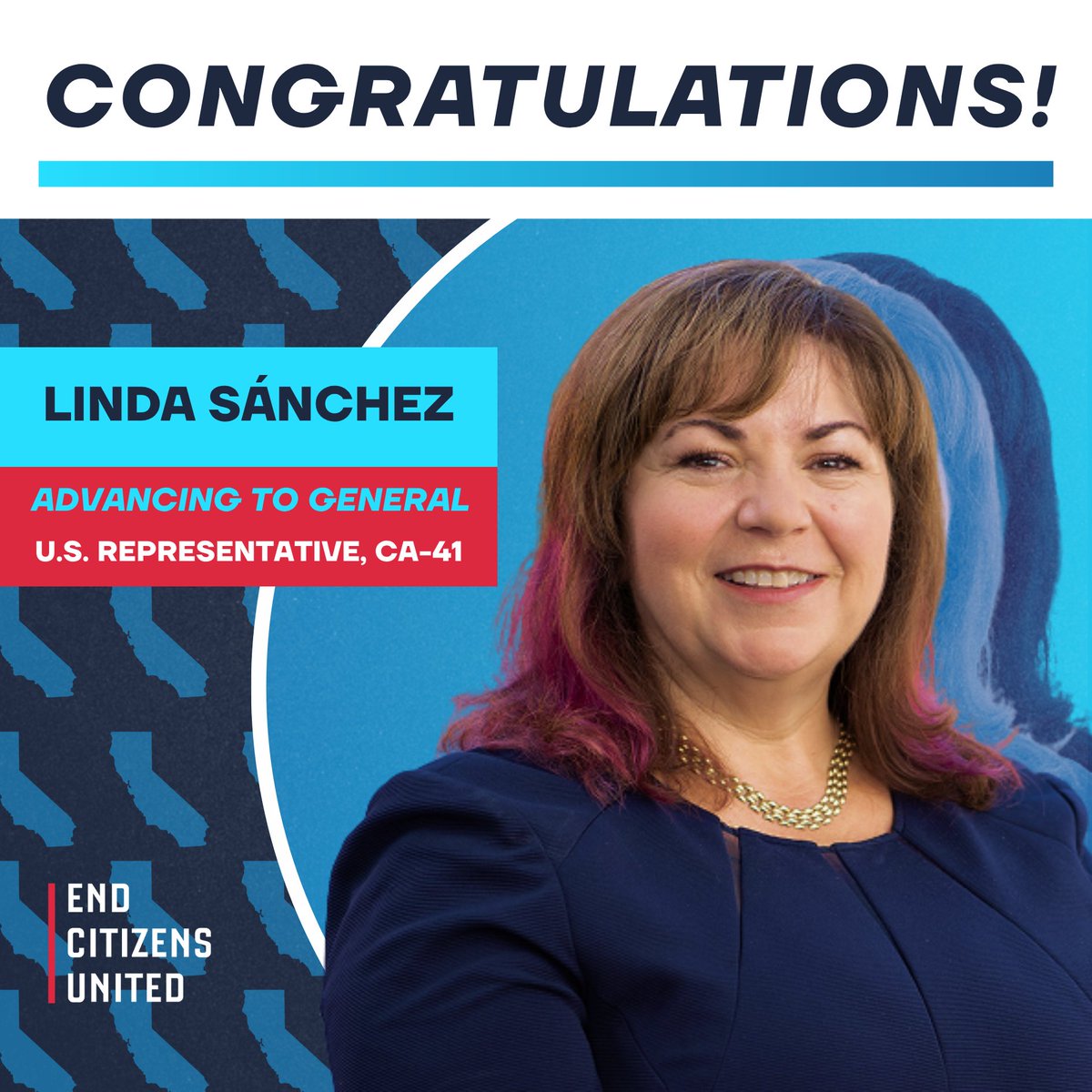 StopBigMoney's tweet photo. Congratulations to ECU-endorsed @LindaTSanchez on advancing to the general election for #CA41. She knows corruption is at the core of so many issues facing the country, which is why she’s committed to rooting it out. We look forward to helping reelect her. https://t.co/RRhT1U2BjP