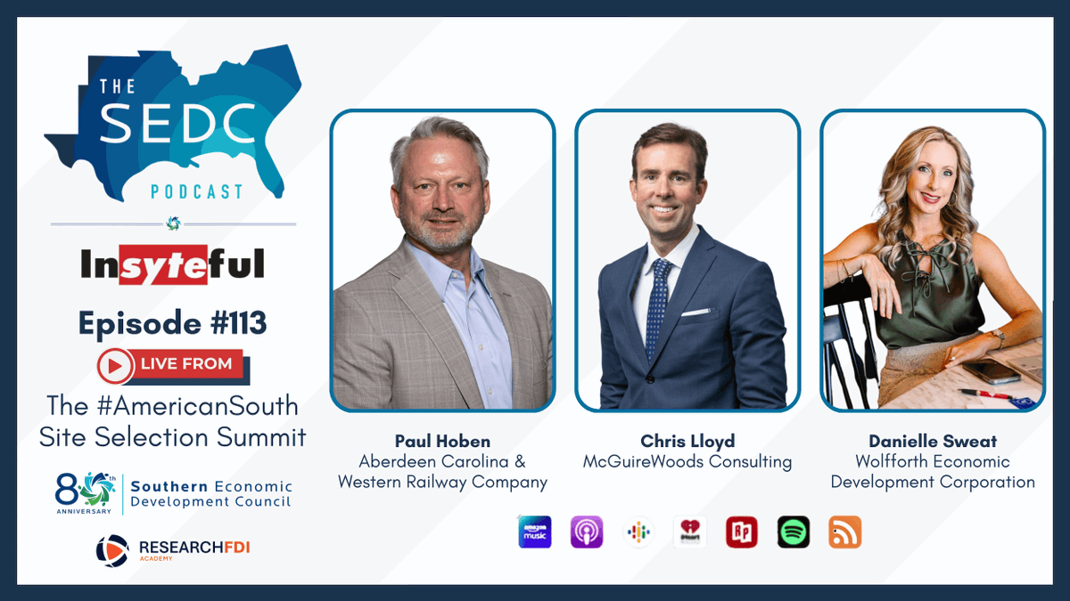SEDCouncil's tweet photo. The SEDC Podcast Presented by Insyteful was live from the 2026 #AmericanSouth Site Selection Summit. Check out great interviews with Paul Hoben, Chris Lloyd and Danielle Sweat. 

Listen at https://t.co/XguD26fXjy. https://t.co/Kf9X7XMqf5