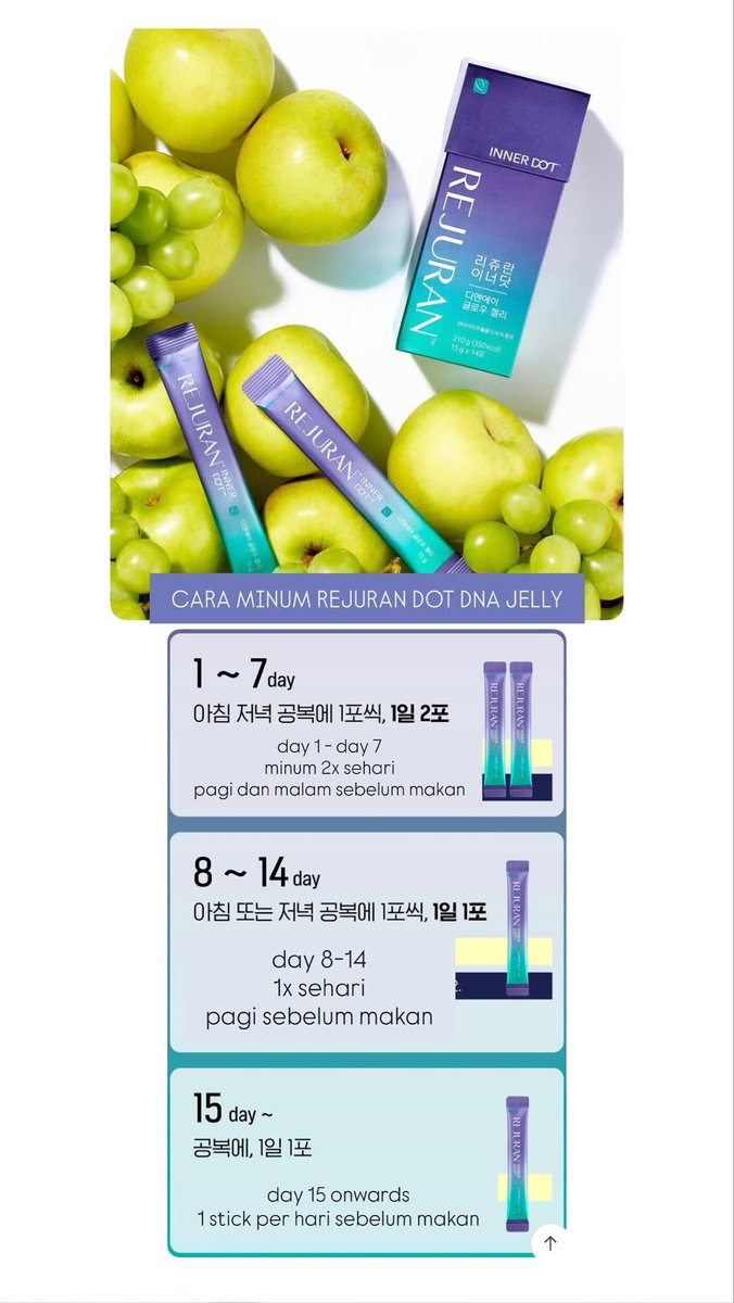 misulid's tweet photo. [OLIVE YOUNG SUMMER SALE]

‼️REJURAN INNER DOT DNA GLOW JELLY‼️

✅ isi 14 sticks
✅ rasa apple and grape

💰NOW ONLY 365,000 dp 240 (harganya dari 570an guys 👀)

#rejuran #jelly #glow #olyoung #oliveyoung #dna https://t.co/QUjklb2I7i
