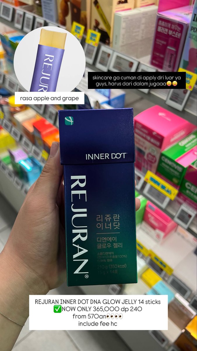 misulid's tweet photo. [OLIVE YOUNG SUMMER SALE]

‼️REJURAN INNER DOT DNA GLOW JELLY‼️

✅ isi 14 sticks
✅ rasa apple and grape

💰NOW ONLY 365,000 dp 240 (harganya dari 570an guys 👀)

#rejuran #jelly #glow #olyoung #oliveyoung #dna https://t.co/QUjklb2I7i