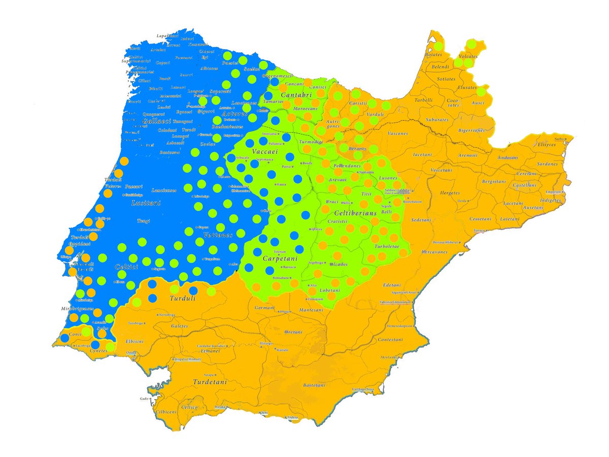 moisespelaez_'s tweet photo. Mi propuesta para la realidad lingüística popular de Iberia y SO de Galia antes de la entrada de Roma.

Azul: Gradiente dialectal Indoeuropeo occidental antiguo/protoceltico.

Naranja: Gradiente dialectal Preindoeuropeo neolítico.

Verde: Celta centroeuropeo tardío. https://t.co/Q1RjOMzQbl