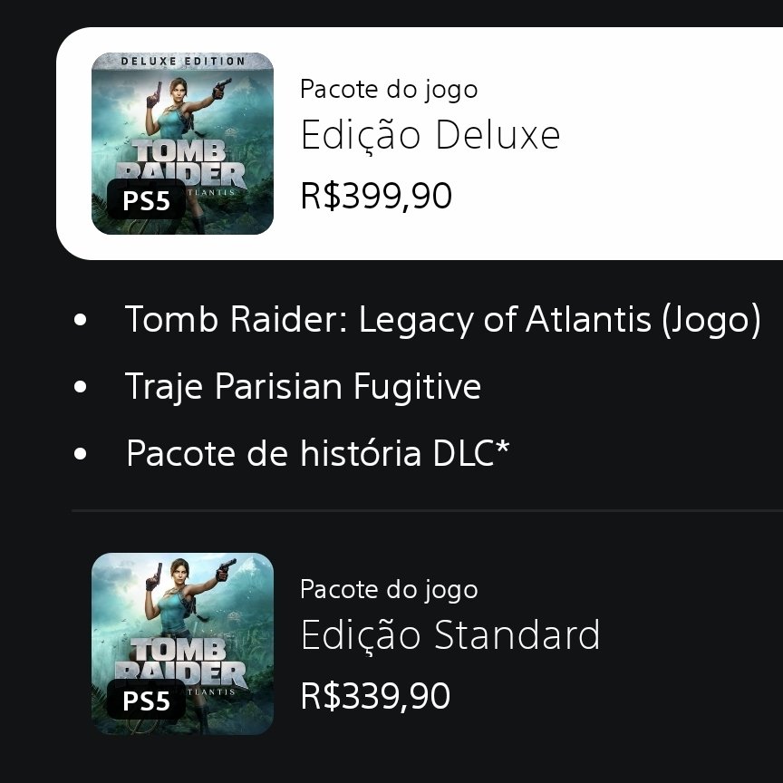 acervylaracroft's tweet photo. QUE PREÇOS SÃO ESSES?

Estamos esperando um jogo novo do Tomb Raider a quase 8 anos.
Além disso, ficamos 5 meses sem saber NADA sobre o jogo, para agora sabermos que a promessa do retorno triunfal de Lara Croft no aniversário de 30 anos da franquia ser adiado para 2027.

O que tivemos de comemoração de trigésimo aniversário? Um desenho dela com um bolo e uma atualização BUGADA no TR I-III Remastered que ninguém pediu.

A comunidade brasileira merece preços mais compatíveis com nossa realidade, tanto na Edição Standard quanto na Edição Deluxe do jogo, além de mais respeito, afinal somos uma das fan bases mais dedicadas a esta franquia!

Nossa comunidade devia se empenhar e se unir para enchermos o saco dos devs e da publisher para termos um preço ajustado após tudo que passamos. É o que a gente merece!