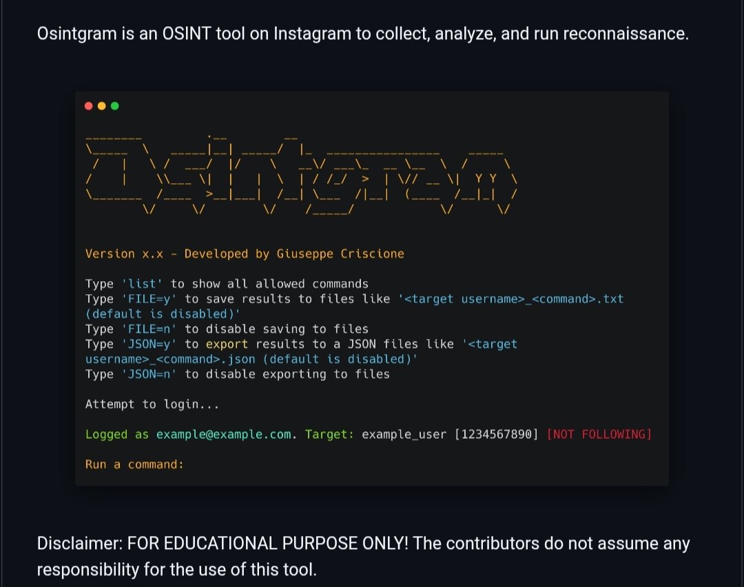 VivekIntel's tweet photo. Osintgram: Instagram OSINT Framework for Investigators 💀🔥

🔥 Features:

• Profile Intelligence Gathering
• Followers & Following Analysis
• Hashtag Enumeration
• Photo & Story Collection
• Tagged User Discovery
• Caption & Comment Extraction
• Profile Picture Download
• Email & Phone Enumeration
• Docker Support
• Interactive Recon Shell

Perfect for OSINT Analysts, Threat Intelligence Researchers, Investigators, and Cybersecurity Professionals.

🔗 https://t.co/Aiub55dw8M

⚠️ Works only on public profiles or accounts you follow.

#OSINT #ThreatIntelligence #CyberSecurity #DigitalInvestigation #InstagramOSINT #InfoSec