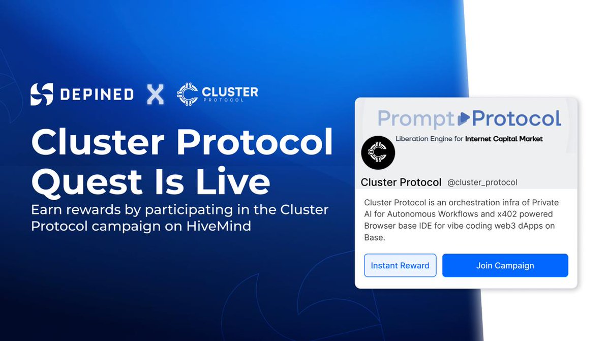 DePINed_org's tweet photo. 📣 DePINed HiveMind 🤝 Cluster Protocol Partnership Announcement

We’re welcoming @ClusterProtocol, now launching on HiveMind.

Get rewarded by helping Cluster Protocol reach creators, developers, and builders exploring autonomous AI workflows and onchain app creation.

https://t.co/iCnMuZMf4u is an orchestration infrastructure for Private AI for Autonomous Workflows and an x402 powered browser based IDE for vibe coding web3 dApps on Base.

With access to 500+ AI models, decentralized GPU compute, tokenized datasets, and native Base settlement, Cluster Protocol is making it easy for anyone to build, deploy, and monetize AI-powered products completely onchain.

Join here 🔗
https://t.co/4ppyxpaRb9

👉 Follow @ClusterProtocol to learn more and stay tuned for what’s coming next!