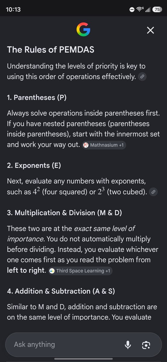 Chicagoarkouda's tweet photo. @Kraka1080 @Aestheticsn1 Multiplication and Division are the same level, so it's left to right. PEMDAS is just an acronym to help remember the order. https://t.co/FSwjwG1S5P