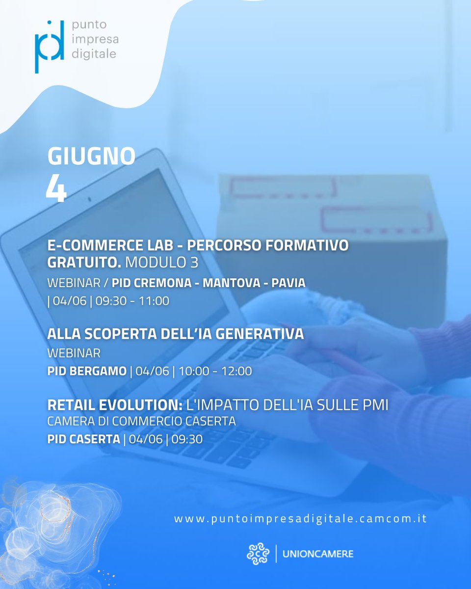 PID_CamCom's tweet photo. Il 4 giugno tre eventi PID dedicati a innovazione e #AI per le imprese.

🔹 E-commerce Lab: Marketing &amp; AI (PID Cremona-Mantova-Pavia)
🔹 AI Generativa in azienda (PID Bergamo)
🔹 Retail Evolution e AI per le PMI (PID Caserta)

#PID #Innovazione #AI #PMI #Digitalizzazione https://t.co/SYmfAWaO9i